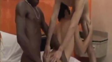 Black guy fucks two other guys on the bed