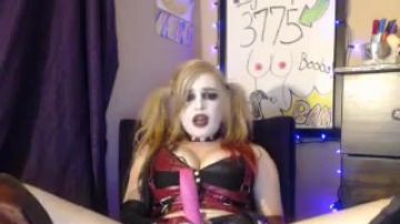 Crazy cosplay angel plays with her dildo toy
